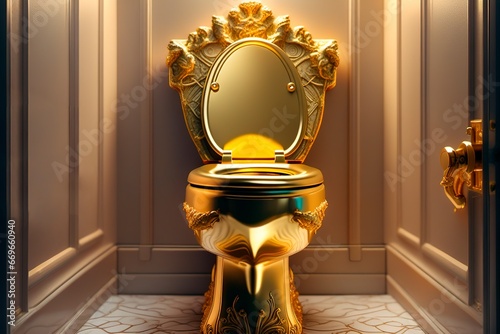 3d rendering of a golden toilet in a room with golden walls