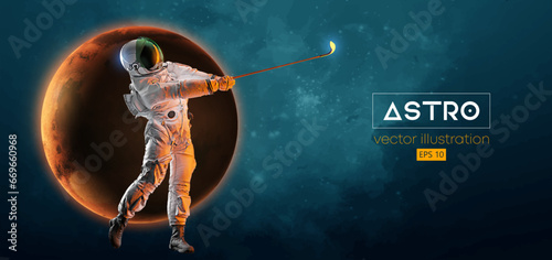 Abstract silhouette of a golf player in space action and Earth, Mars, planets on the background of the space. Golfer astronaut man hits the ball. Vector illustration