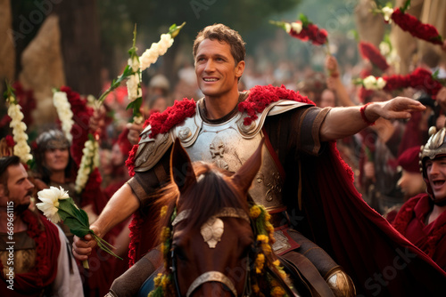 Caesar's Triumph: An Exuberant Visual of Julius Caesar's Victorious Return to Rome After Conquering Gaul - A Grand Parade Celebrating the Triumph and Glory of Ancient Rome.