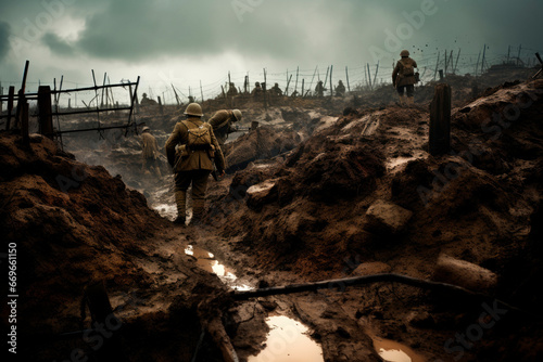 Battlefield Resilience: Soldiers Marching Through Muddy Trenches - An Evocative Scene from the Battle of the Somme, Offering a Glimpse into the Challenging Realities of World War I.




 photo