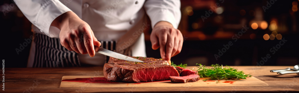 A Detailed Shot of a Chef Slicing Beef Steaks with a Knife on a Wooden Table - Culinary Expertise in Action with Space for Creative Culinary Presentation