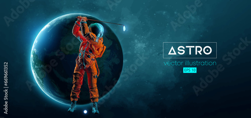 Abstract silhouette of a golf player in space action and Earth, Mars, planets on the background of the space. Golfer astronaut man hits the ball. Vector illustration
