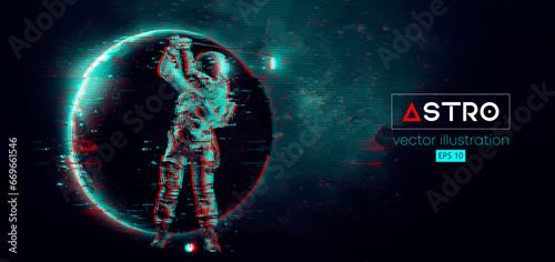Abstract silhouette of a golf player in space action and Earth, Mars, planets on the background of the space. Golfer astronaut man hits the ball. Vector illustration