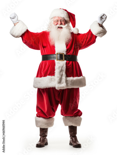 Santa claus doing winner gesture on white background, full length