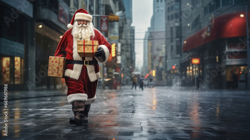 Santa Claus with gift box walking in the big city. © Tida
