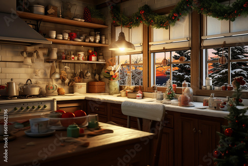 Interior of a kitchen generated with AI. Christmas concept