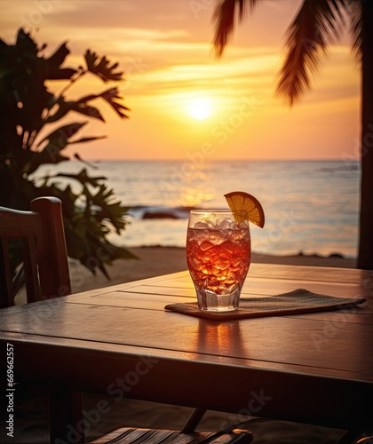 Glass of Aperol spritz cocktail on wooden table with sunset blur beach background ai generative