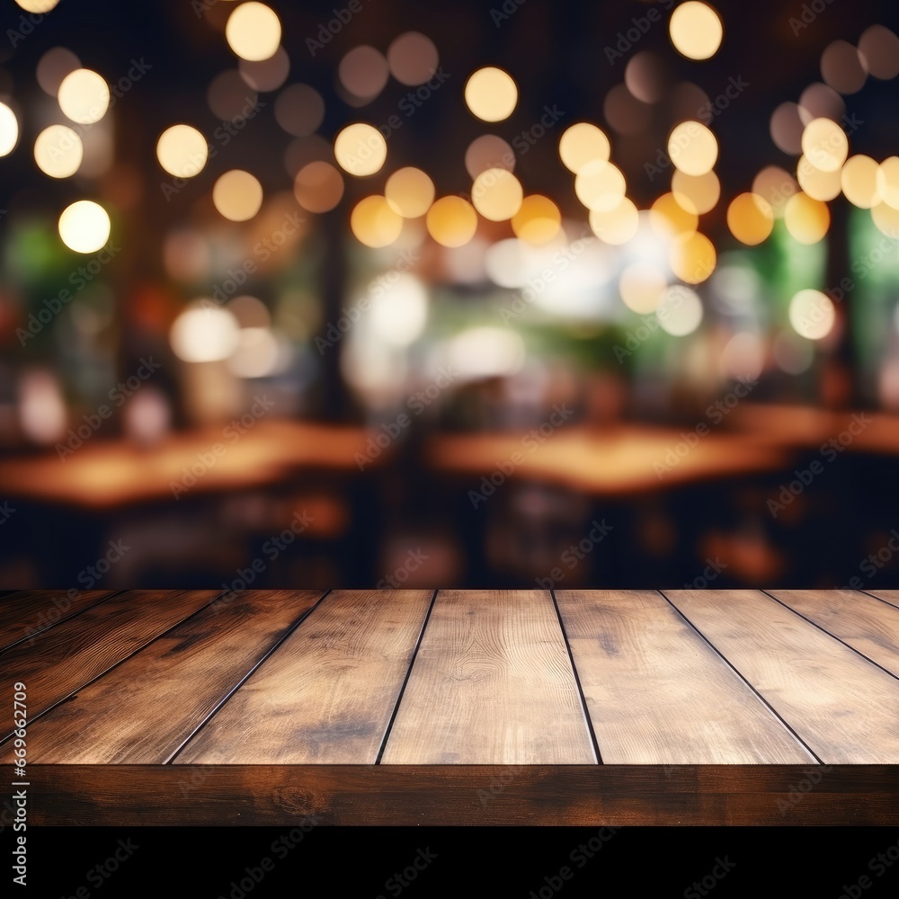 Dark empty wooden table and blurred cafe background front view ai generative Dark empty wooden table and blurred cafe background front view ai generative