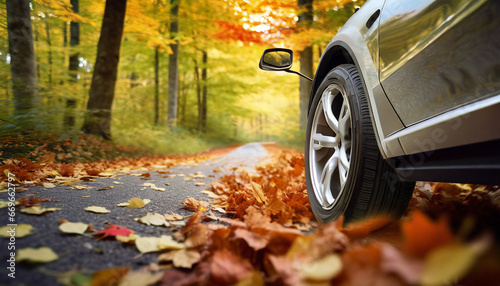 Close-up of a car wheel driving in forest road, swirling colorful leaves. © Beste stock
