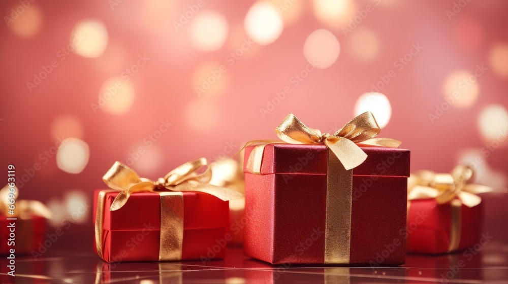 Christmas gift boxes with gold bow on rose defocused holiday background Christmas gift boxes with gold bow on rose defocused holiday background