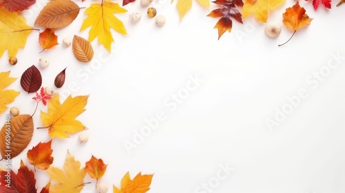 Top view of composition with autumn leaves an copy space of white backround. autumn banner