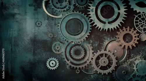 Retro background with brass gears. Steampunk style background. Teal color toned.