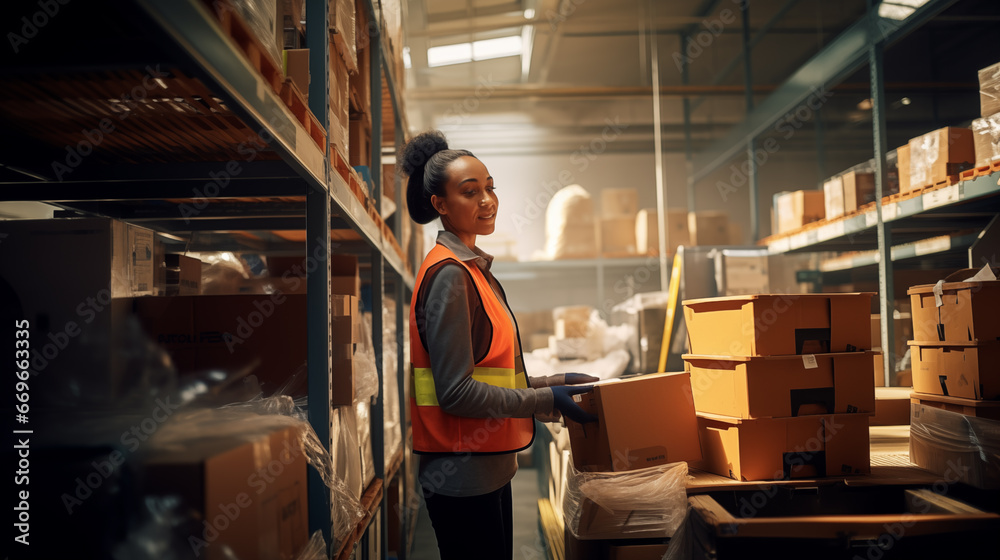 A young female employee picks items in a high bay warehouse A young female employee picks items in a high bay warehouse