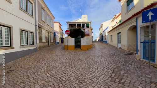Typical Portuguese house in a street of Ericeira village, Portugal