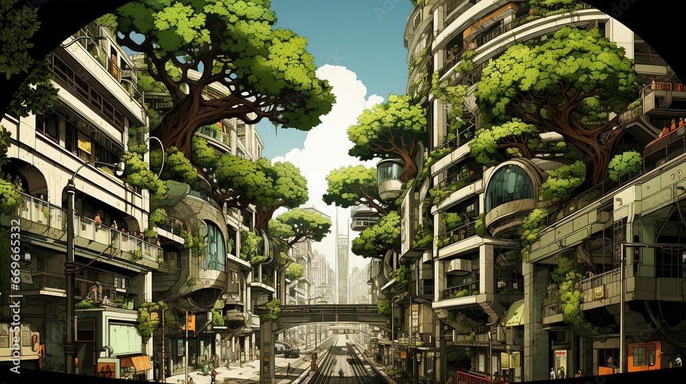 A vibrant and hopeful depiction of a sustainable future, where humans and nature live in harmony