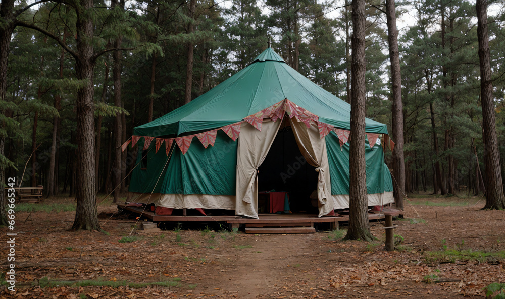 abandoned empty circus tent win woods, generative AI