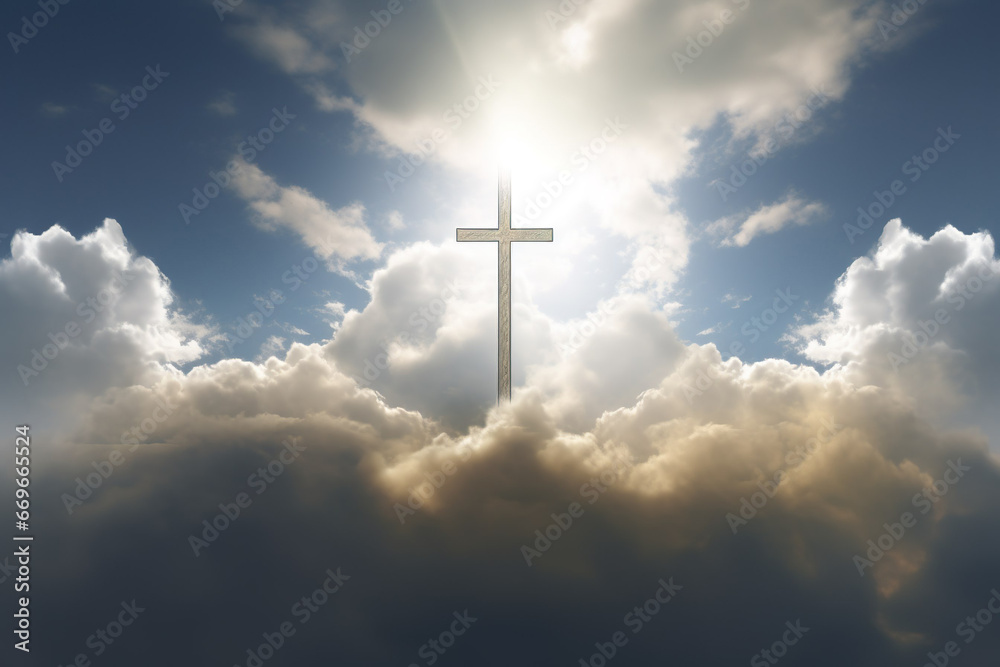 Cross in cloudy sky. Religious symbol in clouds, paradise Cross in cloudy sky. Religious symbol in clouds, paradise