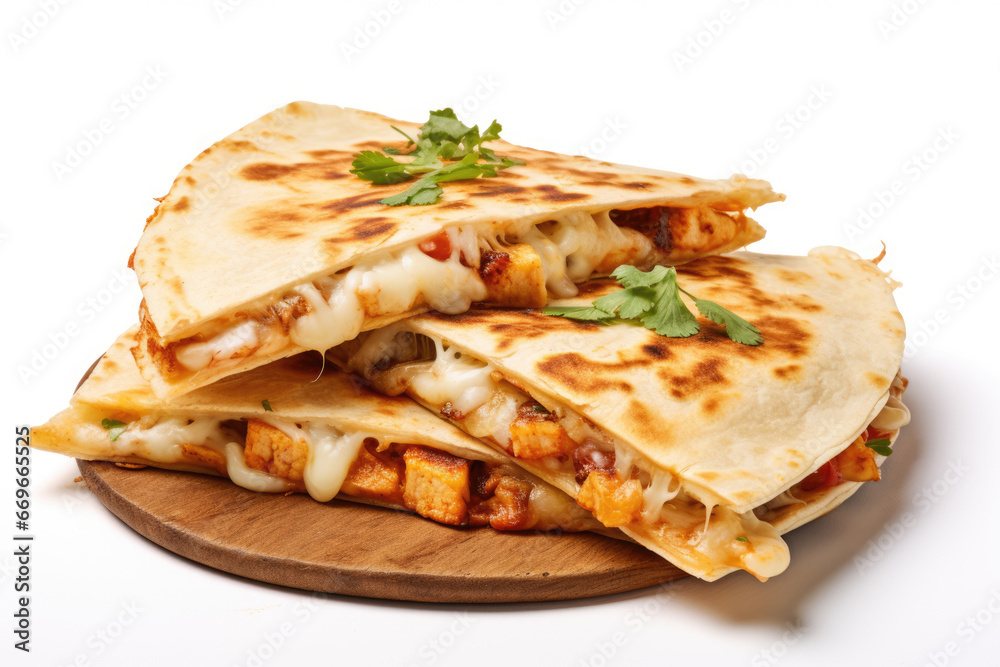 A mouthwatering close-up image of a cheesy quesadilla, showcasing its delicious ingredients and texture against a white background.