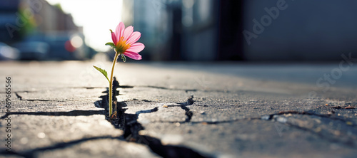 A close-up of a resilient flower pushing through the hard asphalt of a street, showcasing the strength and determination of nature to thrive in challenging environments. #669665566