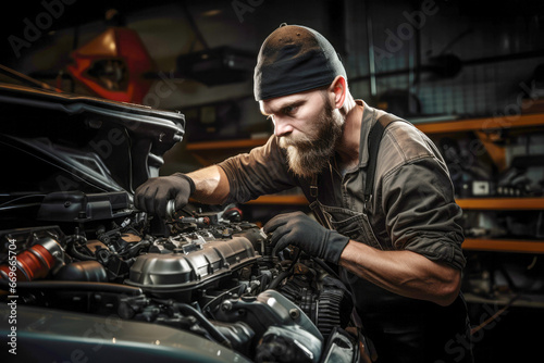 An experienced auto technician in a bustling garage, using precision tools and knowledge to provide top-notch vehicle maintenance and repair services to satisfied customers.