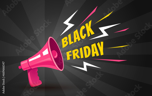 Vector vintage poster with retro pink megaphone on black background for black friday. Retro megaphone black abstract background for sale.