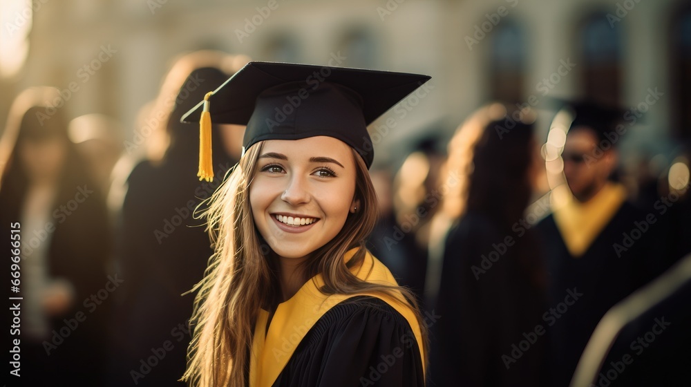Obraz premium Smiling young woman and graduation, diploma and celebration, university education with success and event. Graduate, certificate and happy student person with future and academic. Generative AI