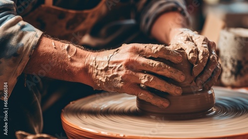 Hands Of Potter Making Clay Pot.Generative AI photo
