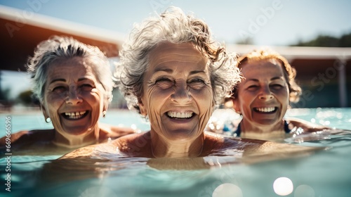Healthy and active senior woman swimming in the pool. Older women in a swimming class. Generative AI © Nanci