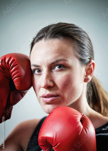 immagine primo piano di viso di giovane donna che pratica la boxe, guanti da boxe rossi alla testa