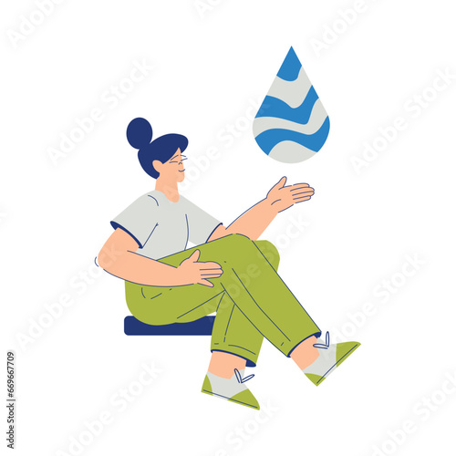 Eco Friendly with Happy Woman Character with Blue Drop Vector Illustration