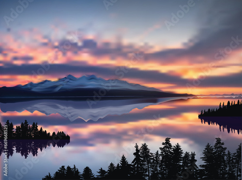 sunset above mountain and reflection in lake