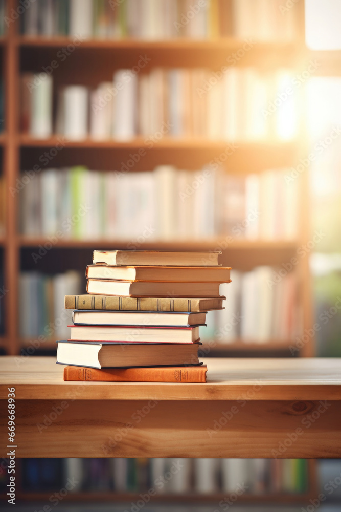 Stack of books on table against library background with bookshelves. Knowledge and education concept Stack of books on table against library background with bookshelves. Knowledge and education concept