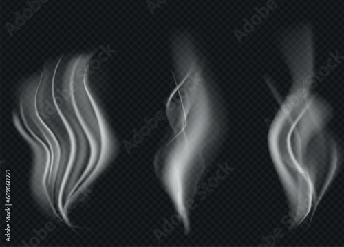 Smoke vector collection, isolated, transparent background. Set of realistic white smoke steam, waves from coffee,tea,cigarettes, hot food,... Fog and mist effect.