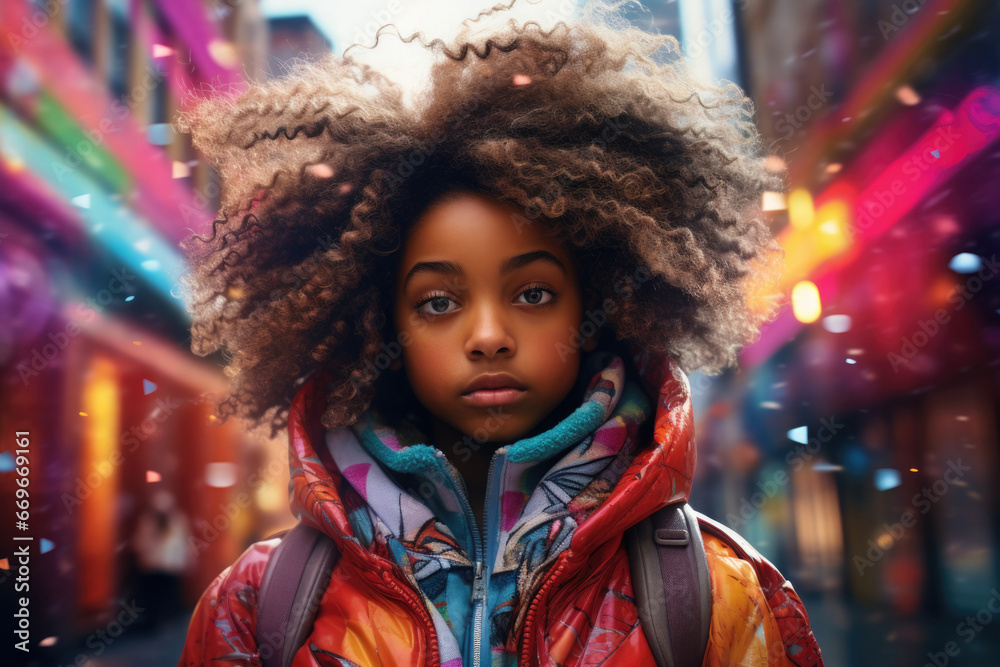 African American girl on street in bright colors. Portrait of female teenage with an African hairstyle. Individuality in society African American girl on street in bright colors. Portrait of female teenage with an African hairstyle. Individuality in society