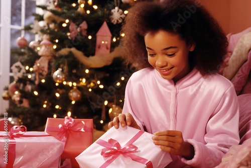 Happy African American child girl in pink clothes holds a gift in a pink package in her hands.