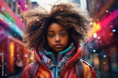 African American girl on street in bright colors. Portrait of female teenage with an African hairstyle. Individuality in society