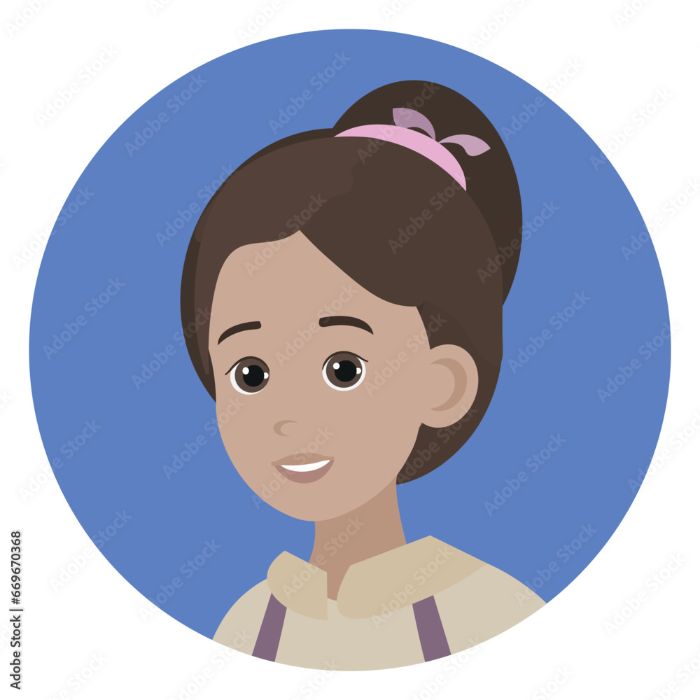 Woman avatar. Dark hair, dark eyes, caucasian. Vector flat illustration. Cartoon people design. Suitable for animation, using in web, apps, books, education projects