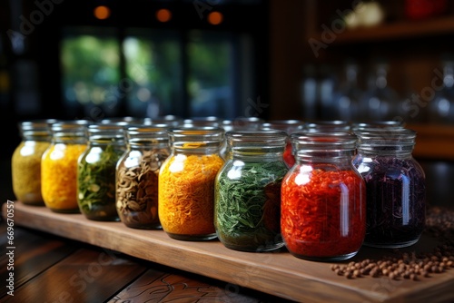 A collection of colorful spices in small glass jars on a kitchen countertop.