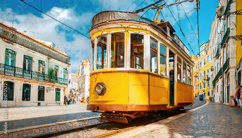 Yellow vintage tram on the street in Lisbon, Portugal. Famous travel destination