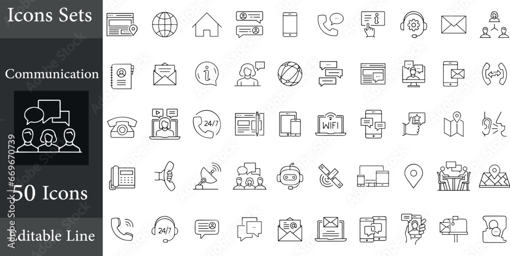 Communication. Set of outline vector icons. Includes such as Phone Calls, Video Chat, On-line Support and other