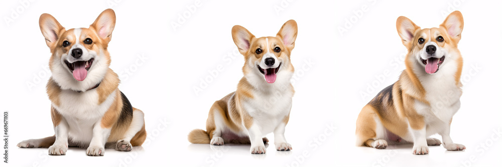 A cheerful Welsh Corgi pup sits alone on a pristine white backdrop.