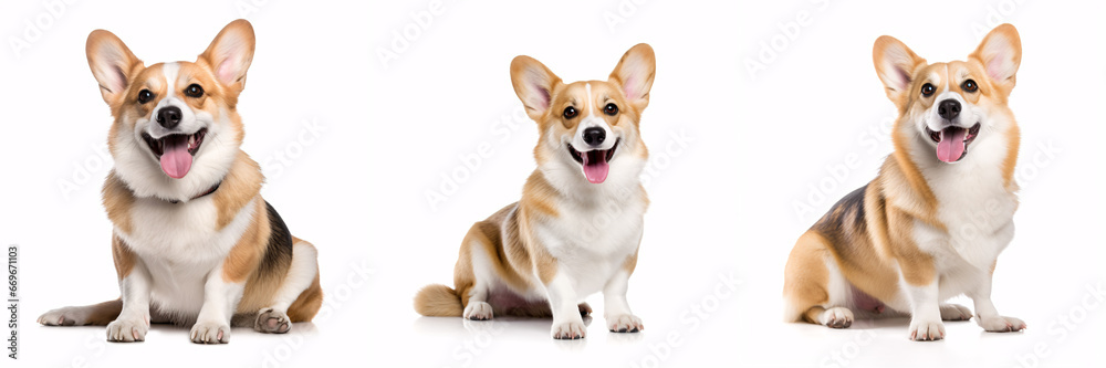 A cheerful Welsh Corgi pup sits alone on a pristine white backdrop. A cheerful Welsh Corgi pup sits alone on a pristine white backdrop.