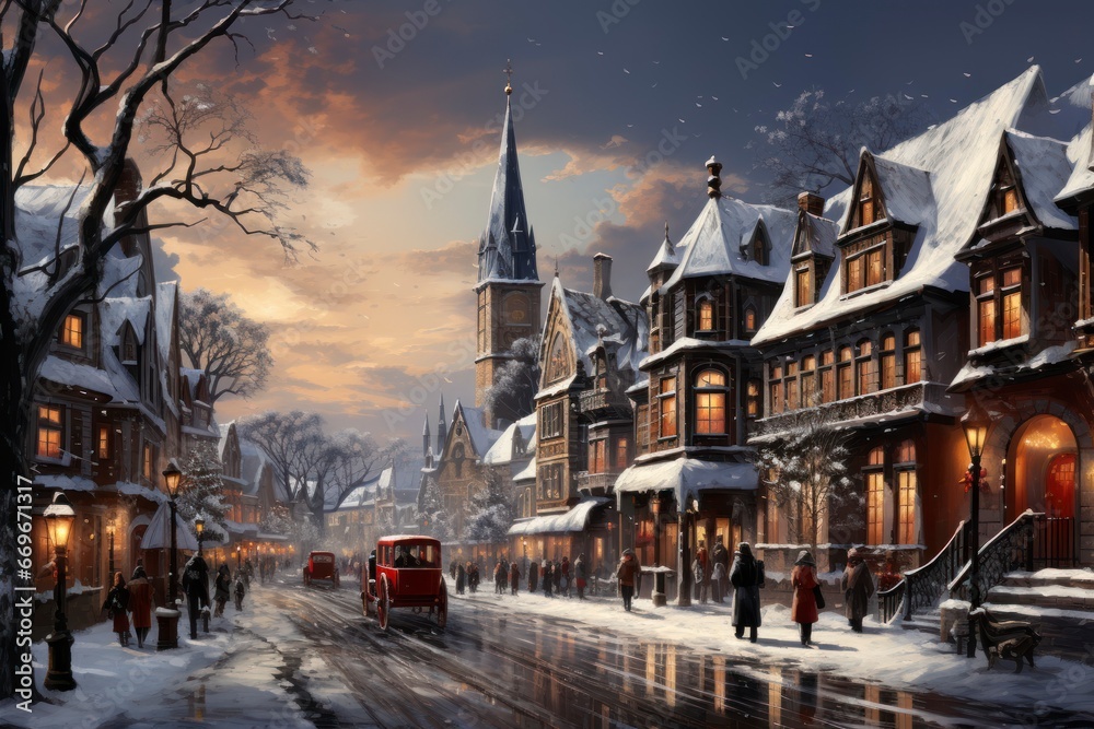 Obraz premium A magical old fashion city, snow-covered village square with a glowing Christmas market.