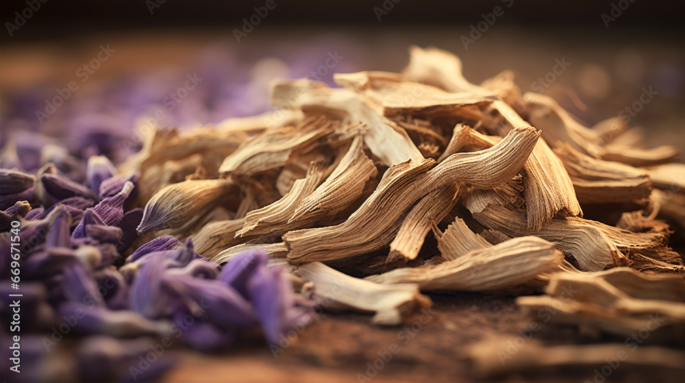 Iris Florentina root spice, cut and dried, is captured in closeup with bokeh background. - obrazy, fototapety, plakaty 