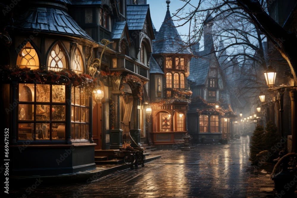 A magical old fashion city, snow-covered village square with a glowing Christmas market.