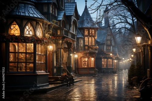 A magical old fashion city  snow-covered village square with a glowing Christmas market.