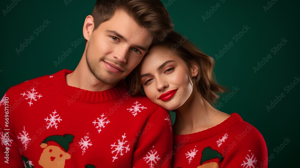 A young couple in Christmas sweaters, smiling sweetly, leaning their heads against each other, on a green background. A young couple in Christmas sweaters, smiling sweetly, leaning their heads against each other, on a green background.