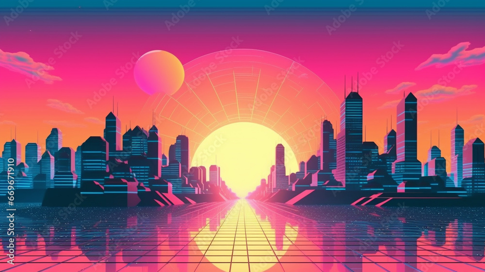 Sci-fi Vector Background, Night City Skyline in the Style of Retro Waves,