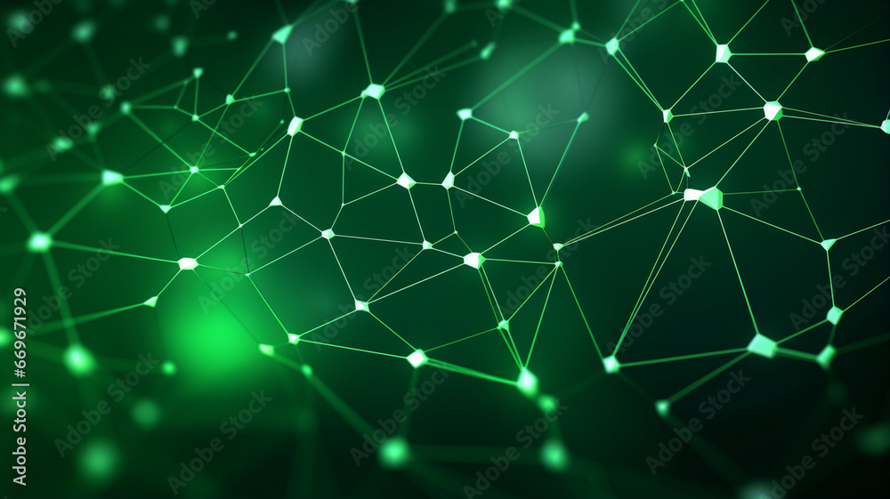 Abstract green background with moving lines and dots.