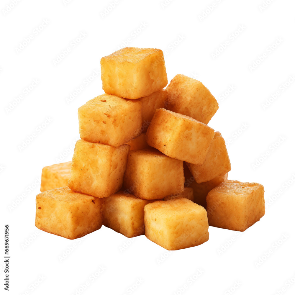 Fried Tofu Cubes Isolated on Transparent Background - Delicious and Vegan-Friendly Fried Tofu Cubes Isolated on Transparent Background - Delicious and Vegan-Friendly